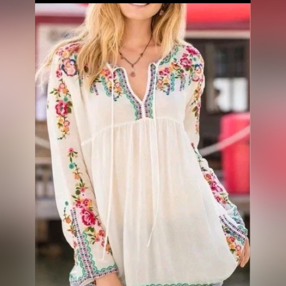 JOHNNY WAS EMBROIDERED FLORAL SHEER BOHO PEASANT BLOUSE TOP size XS